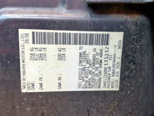 1N4CL21E09C135152 - 2009 NISSAN ALTIMA HYB GRAY photo 10