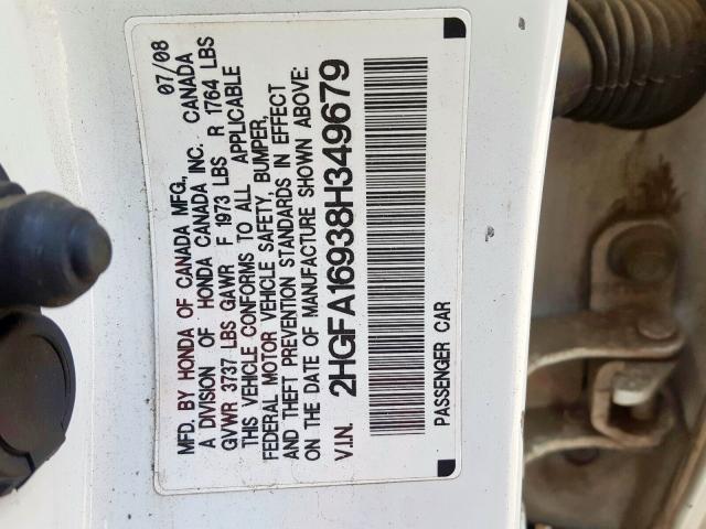 2HGFA16938H349679 - 2008 HONDA CIVIC EXL 白色 照片 10