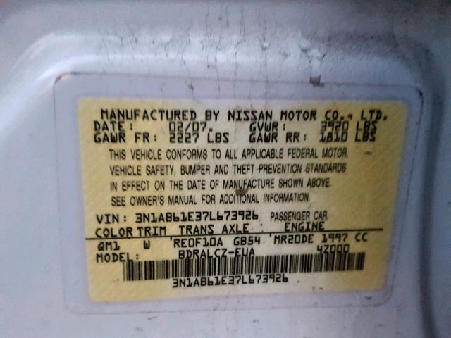 3N1AB61E37L673926 - 2007 NISSAN SENTRA 2.0 WHITE photo 10