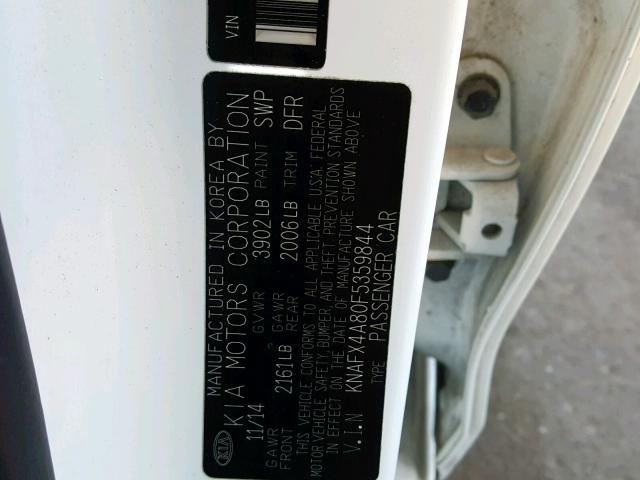 KNAFX4A80F5359844 - 2015 KIA FORTE EX WHITE photo 10