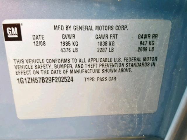 1G1ZH57B29F202524 - 2009 CHEVROLET MALIBU 1LT BLUE photo 10