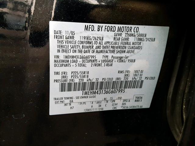 1MEHM43136G607995 - 2006 MERCURY MONTEGO PR BLACK photo 10