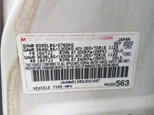 JA4NW51S83J021687 - 2003 MITSUBISHI MONTERO LI WHITE photo 10