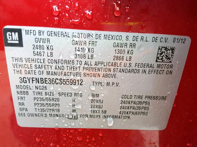 3GYFNBE36CS559912 - 2012 CADILLAC SRX PERFOR Bordo foto 10
