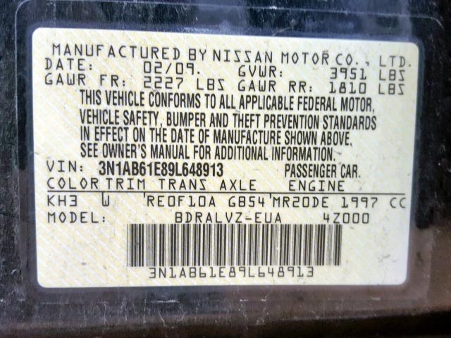 3N1AB61E89L648913 - 2009 NISSAN SENTRA 2.0 BLACK photo 10