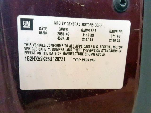 1G2HX52K35U120731 - 2005 PONTIAC BONNEVILLE MAROON photo 10