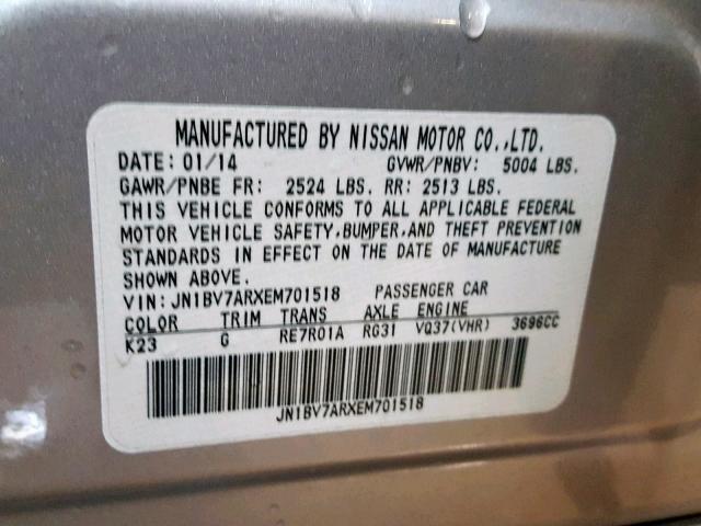 JN1BV7ARXEM701518 - 2014 INFINITI Q50 BASE SILVER photo 10