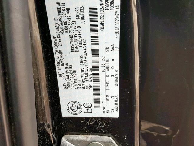 1FMCU0F75HUA43187 - 2017 FORD ESCAPE S BLACK photo 10