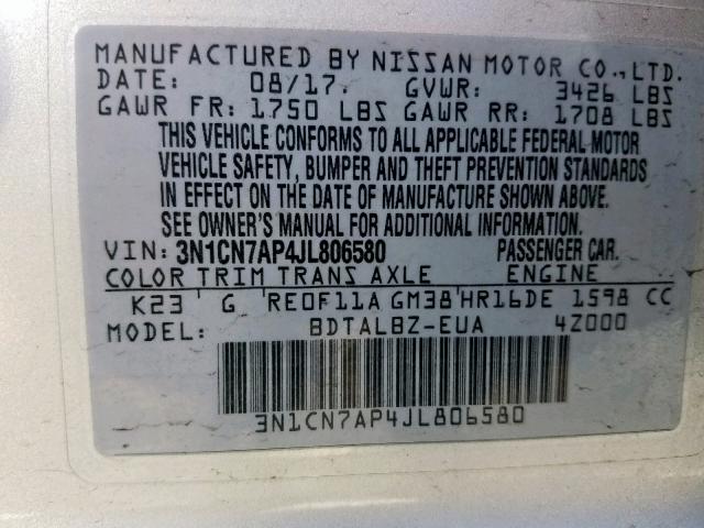 3N1CN7AP4JL806580 - 2018 NISSAN VERSA S SILVER photo 10