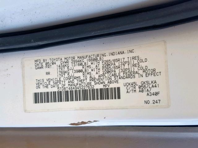 5TDBT48A94S227632 - 2004 TOYOTA SEQUOIA LI WHITE photo 10