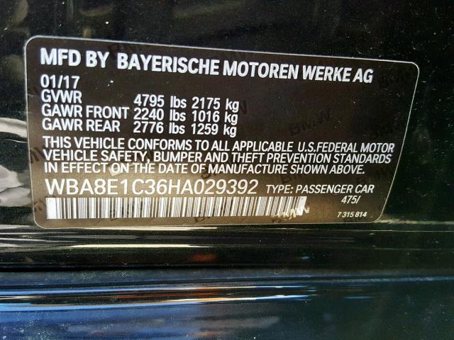 WBA8E1C36HA029392 - 2017 BMW 330E BLACK photo 10