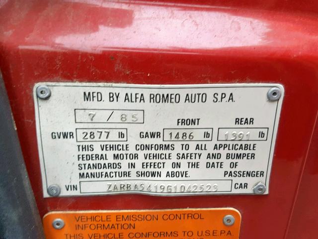 ZARBA5419G1042523 - 1986 ALFA ROMEO VELOCE 200 RED photo 10