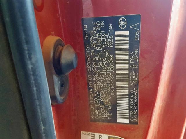 JTKJF5C75FJ000788 - 2015 TOYOTA SCION TC წითელი ფოტო 10