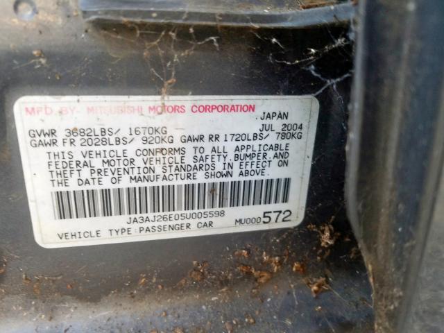 JA3AJ26E05U005598 - 2005 MITSUBISHI LANCER ES GRAY photo 10