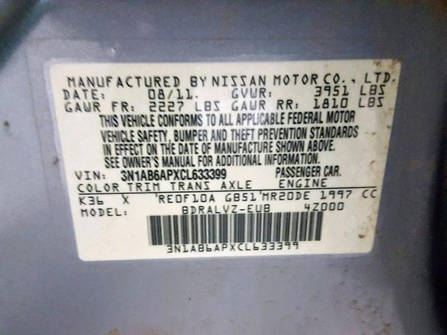 3N1AB6APXCL633399 - 2012 NISSAN SENTRA 2.0 GRAY photo 10