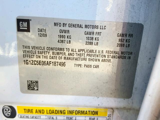 1G1ZC5E06AF187496 - 2010 CHEVROLET MALIBU 1LT თეთრი ფოტო 10
