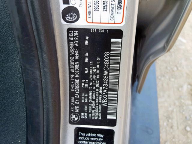 WBXPA73435WC48028 - 2005 BMW X3 2.5I SILVER photo 10