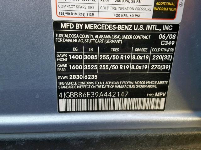 4JGBB86E39A442147 - 2009 MERCEDES-BENZ ML 350 BLUE photo 10