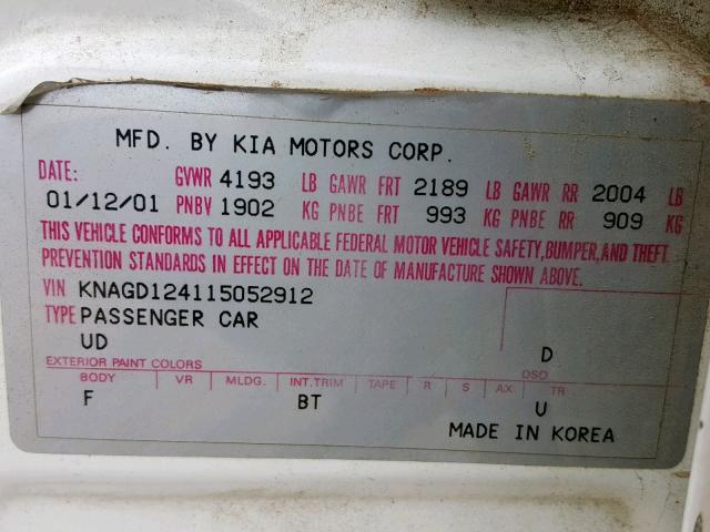 KNAGD124115052912 - 2001 KIA OPTIMA MAG WHITE photo 10