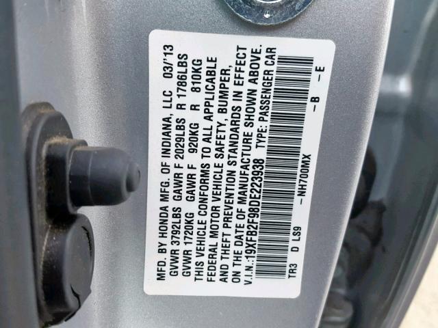 19XFB2F98DE223938 - 2013 HONDA CIVIC EXL 银色 照片 10