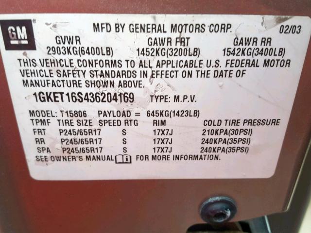 1GKET16S436204169 - 2003 GMC ENVOY XL SILVER photo 10