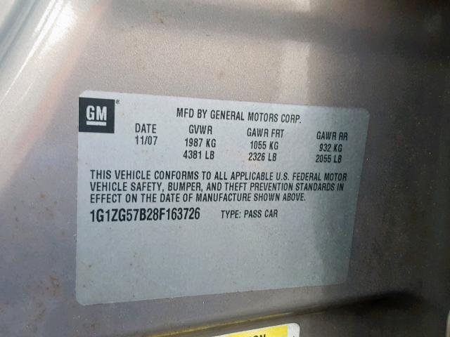 1G1ZG57B28F163726 - 2008 CHEVROLET MALIBU LS 棕色 照片 10