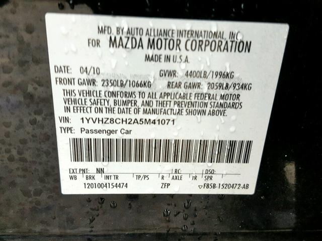 1YVHZ8CH2A5M41071 - 2010 MAZDA 6 I BLACK photo 10