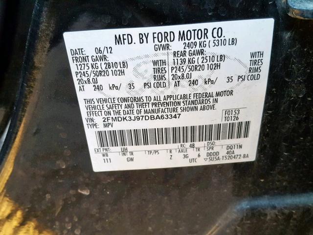 2FMDK3J97DBA63347 - 2013 FORD EDGE SEL BLACK photo 10