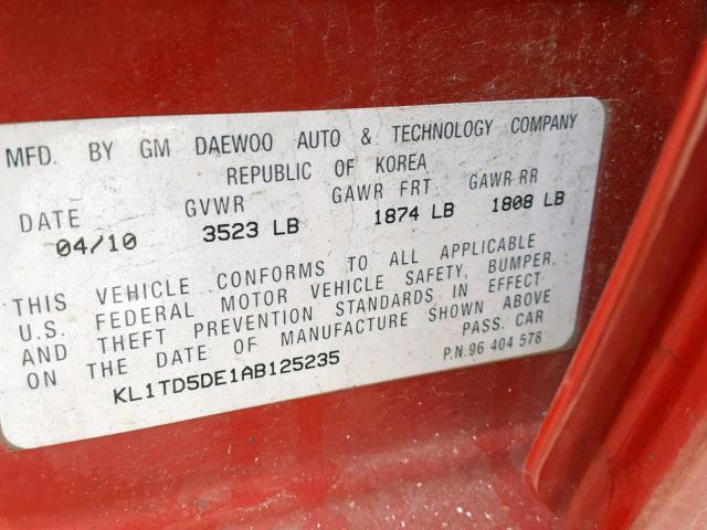 KL1TD5DE1AB125235 - 2010 CHEVROLET AVEO LS RED photo 10