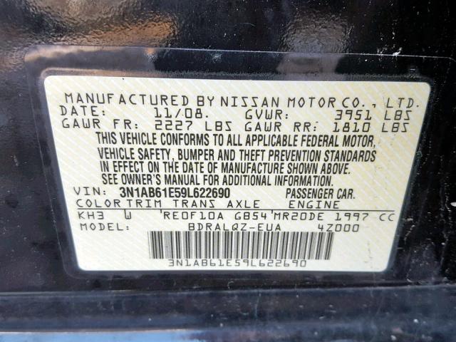 3N1AB61E59L622690 - 2009 NISSAN SENTRA 2.0 BLACK photo 10