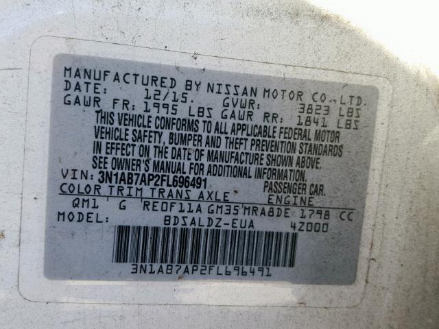 3N1AB7AP2FL696491 - 2015 NISSAN SENTRA S WHITE photo 10