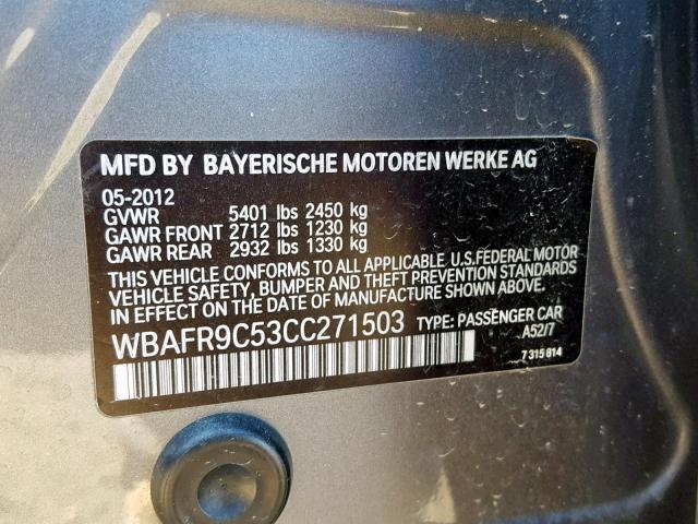 WBAFR9C53CC271503 - 2012 BMW 550 I GRAY photo 10
