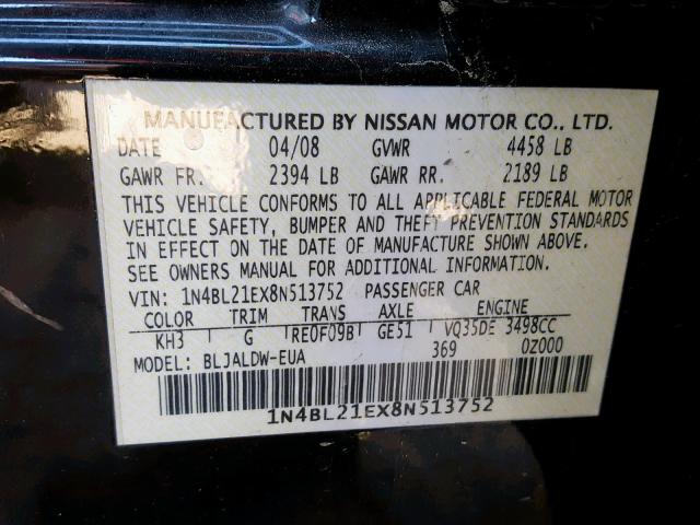 1N4BL21EX8N513752 - 2008 NISSAN ALTIMA 3.5 BLACK photo 10