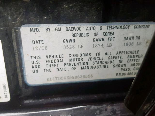 KL1TD56E99B636555 - 2009 CHEVROLET AVEO LS BLACK photo 10