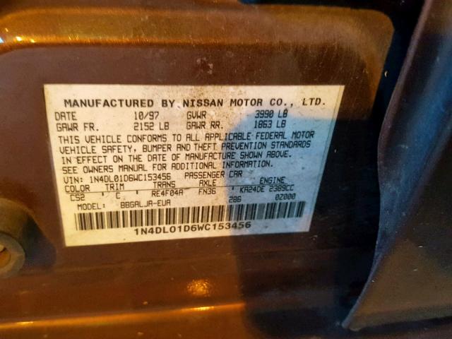 1N4DL01D6WC153456 - 1998 NISSAN ALTIMA XE CHARCOAL photo 10