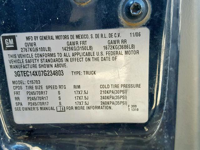 3GTEC14X07G234803 - 2007 GMC NEW SIERRA BLUE photo 10