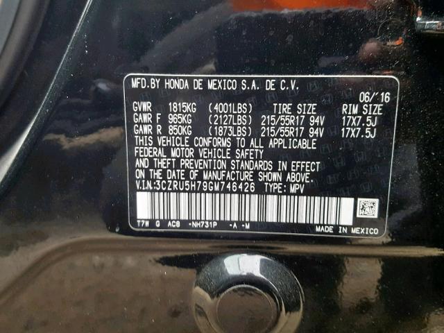 3CZRU5H79GM746426 - 2016 HONDA HR-V EXL BLACK photo 10