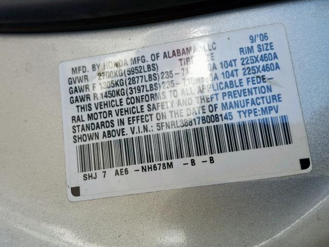 5FNRL38817B008145 - 2007 HONDA ODYSSEY TO SILVER photo 10