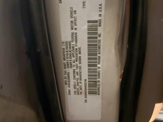 4S3BH675046632196 - 2004 SUBARU LEGACY OUT SILVER photo 10