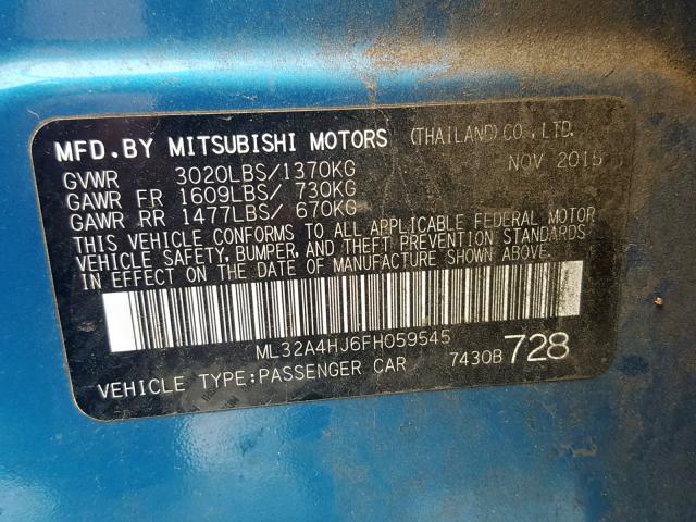 ML32A4HJ6FH059545 - 2015 MITSUBISHI MIRAGE ES BLUE photo 10