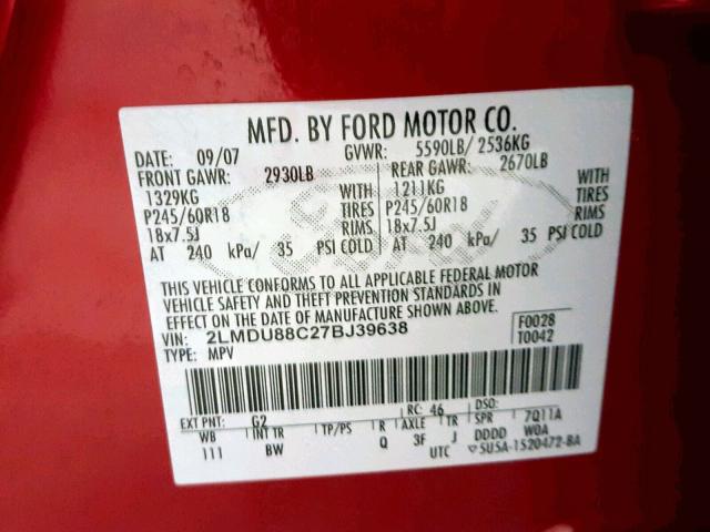 2LMDU88C27BJ39638 - 2007 LINCOLN MKX RED photo 10