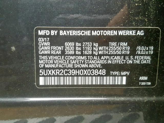 5UXKR2C39H0X03848 - 2017 BMW X5 SDRIVE3 BLACK photo 10