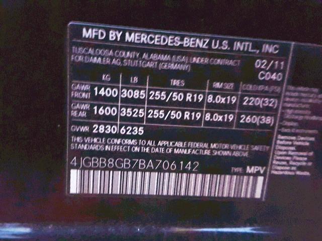 4JGBB8GB7BA706142 - 2011 MERCEDES-BENZ ML 350 4MA BLACK photo 10
