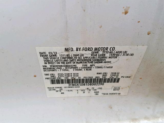 2FMGK5D81DBD02290 - 2013 FORD FLEX LIMIT WHITE photo 10