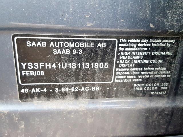 YS3FH41U181131805 - 2008 SAAB 9-3 AERO GRAY photo 10