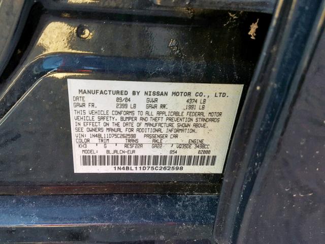 1N4BL11D75C262598 - 2005 NISSAN ALTIMA SE BLACK photo 10