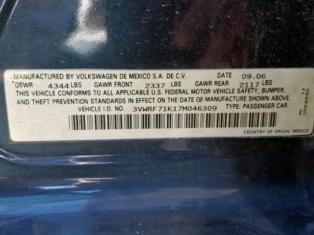 3VWRF71K17M046309 - 2007 VOLKSWAGEN JETTA 2.5 BLUE photo 10