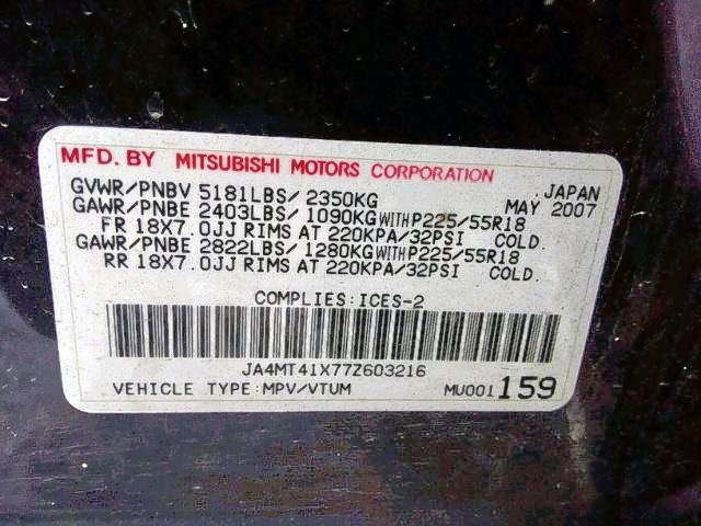 JA4MT41X77Z603216 - 2007 MITSUBISHI OUTLANDER BLACK photo 9