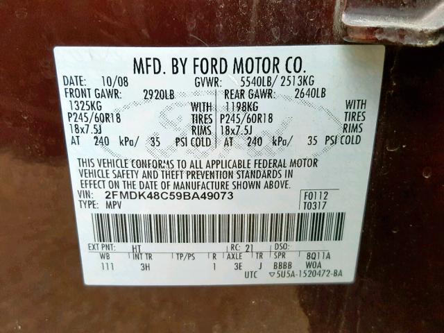 2FMDK48C59BA49073 - 2009 FORD EDGE SEL MAROON photo 10