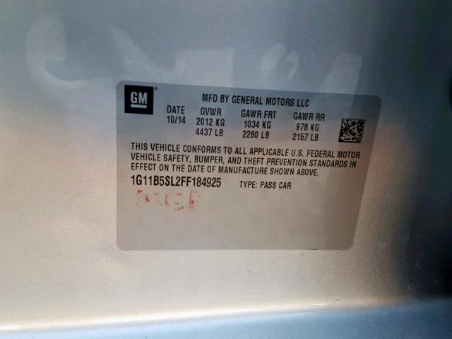 1G11B5SL2FF184925 - 2015 CHEVROLET MALIBU LS ნაცრისფერი ფოტო 10